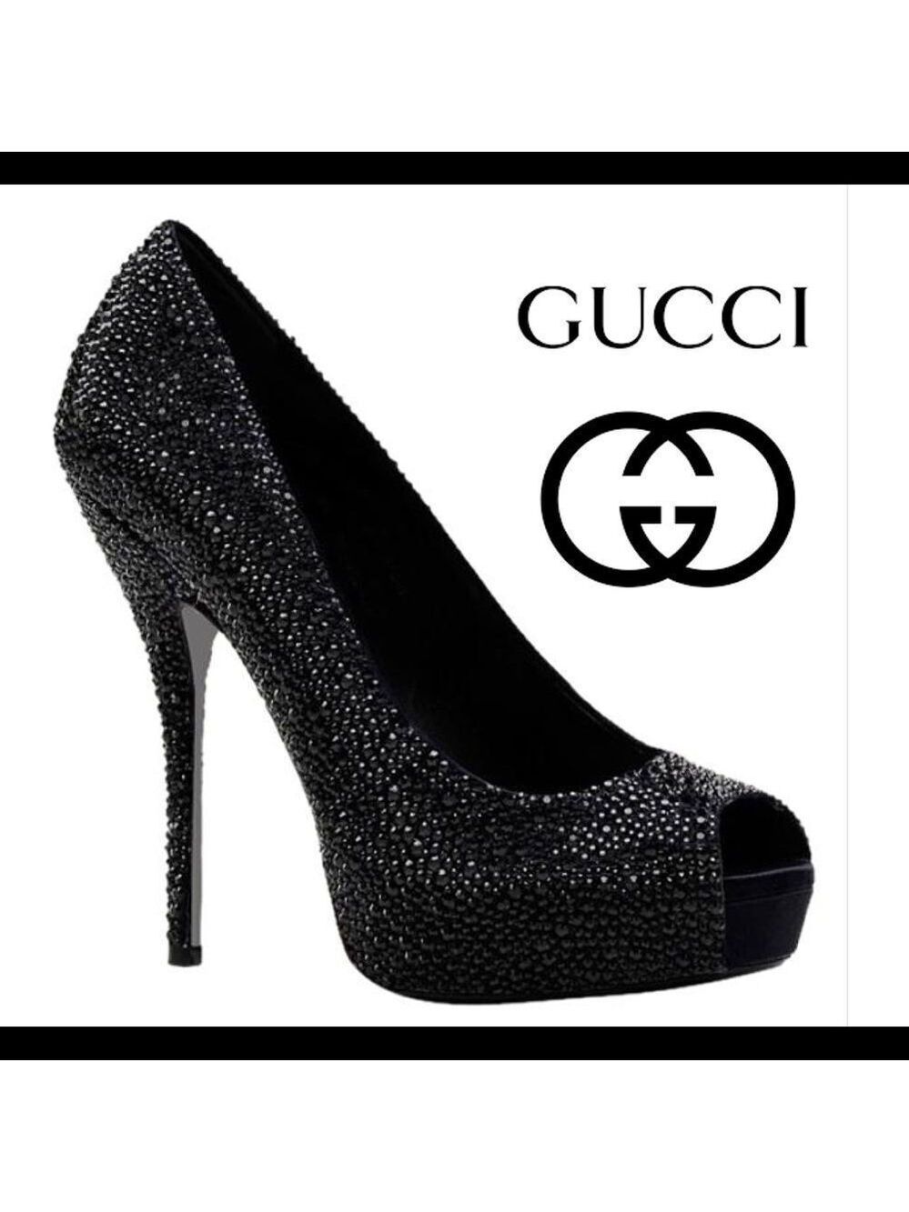 Gucci Black Satin Strass Embroidered Sofia Etoile Peep Toe Pumps Size 37.5 🔥